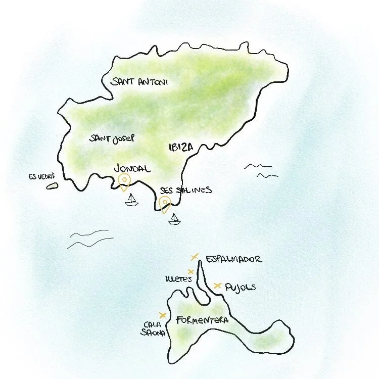 Hand-drawn Bora Sailing route map between Ibiza and Formentera